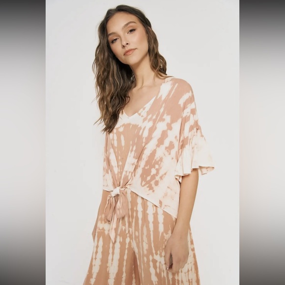 🆕Kimono Short Set Tie Dye Blush Cream Natural Ruffles 2 Piece Set - Picture 5 of 6